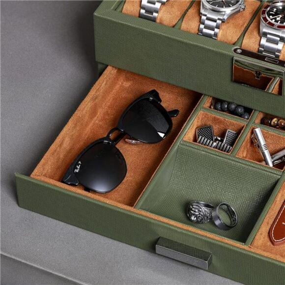 Leather Watch Box with Glass Top 10 Slot Display Valet Drawer Jewelry Holder - Picture 5 of 7